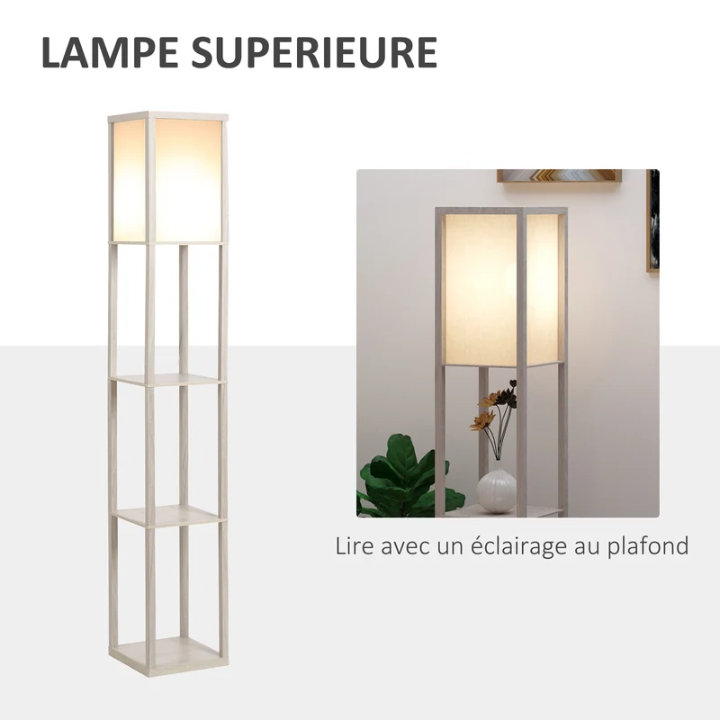 Lampadaire étagère pour salon 26 x 26 x 160 cm rangement 3 étagères éclairage intégré style scandinave en MDF gris clair 21_0001745