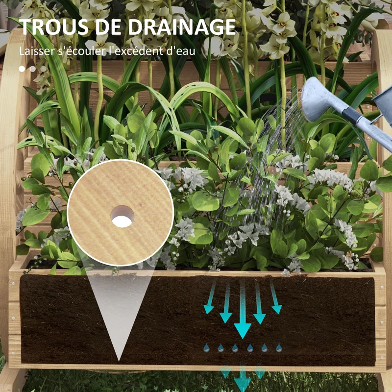 Jardinière sur pieds triple niveau potager 62 x 61 x 57 cm hauteur pratique avec roues rustique vintage en bois naturel 21_0005419