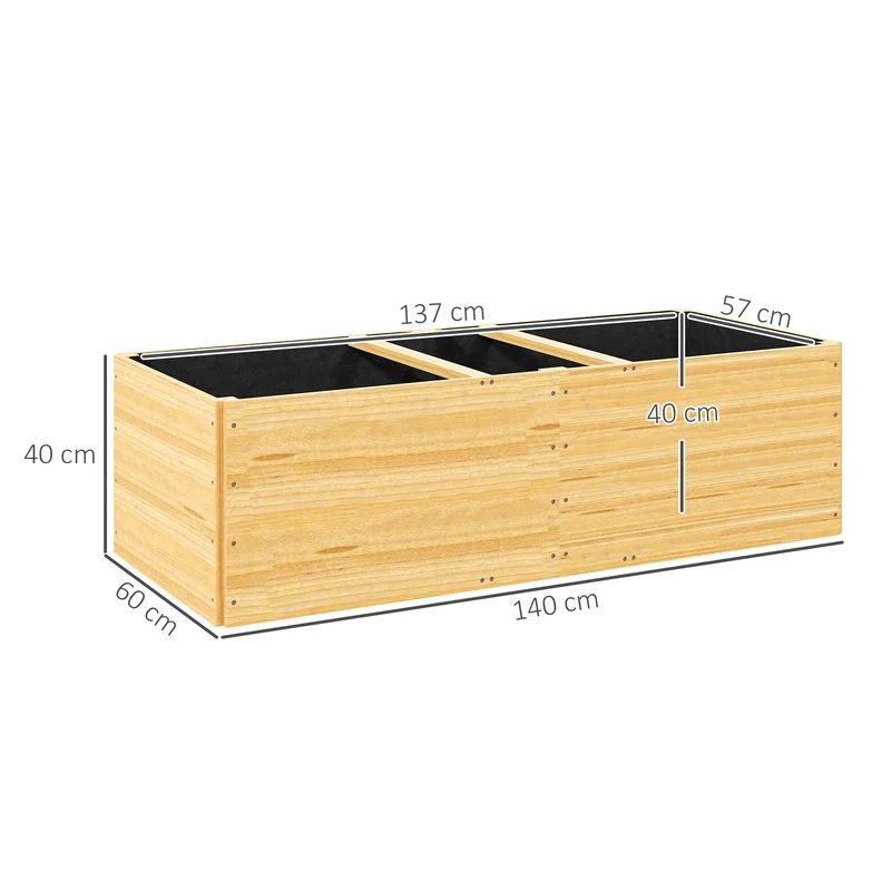 Jardinière potager rectangulaire 140 x 60 x 40 cm 3 compartiments feutre de drainage rustique en bois de sapin naturel 21_0005498