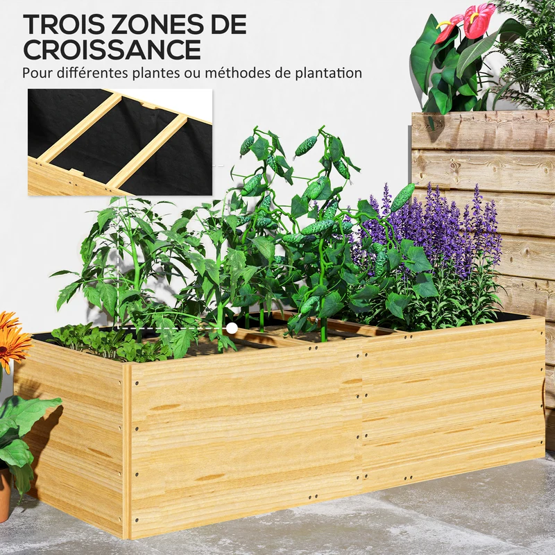 Jardinière potager rectangulaire 140 x 60 x 40 cm 3 compartiments feutre de drainage rustique en bois de sapin naturel 21_0005498
