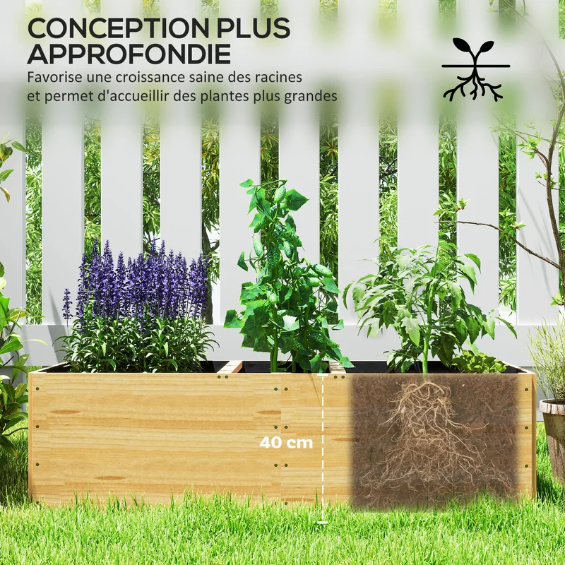 Jardinière potager rectangulaire 140 x 60 x 40 cm 3 compartiments feutre de drainage rustique en bois de sapin naturel 21_0005498