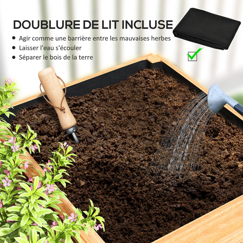Jardinière potager rectangulaire 140 x 60 x 40 cm 3 compartiments feutre de drainage rustique en bois de sapin naturel 21_0005498
