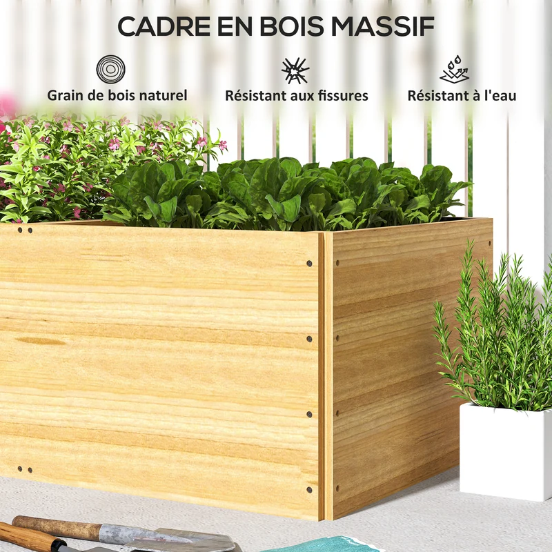 Jardinière potager rectangulaire 140 x 60 x 40 cm 3 compartiments feutre de drainage rustique en bois de sapin naturel 21_0005498