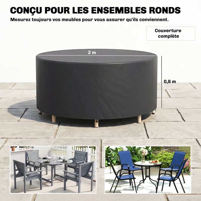 Housse de jardin ronde 200 x 80 cm imperméable antidéchirure maintien par cordons style moderne épuré en polyester noir 21_0005776