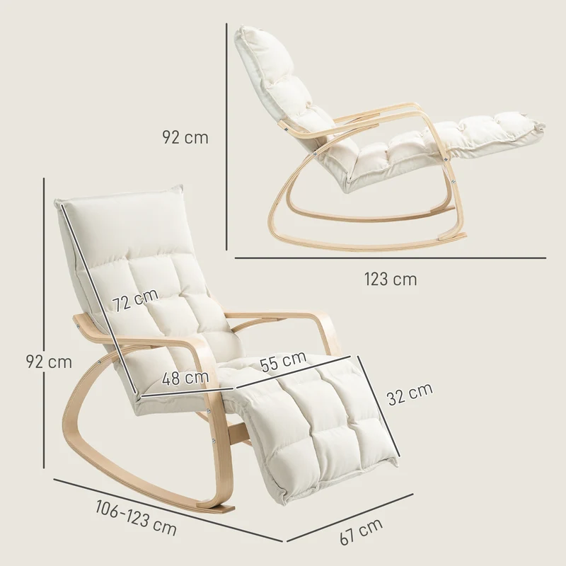 Fauteuil à bascule rembourré 67 x 106-123 x 92 cm balancement doux repose-pieds réglable moderne cosy en polyester crème 21_0003479