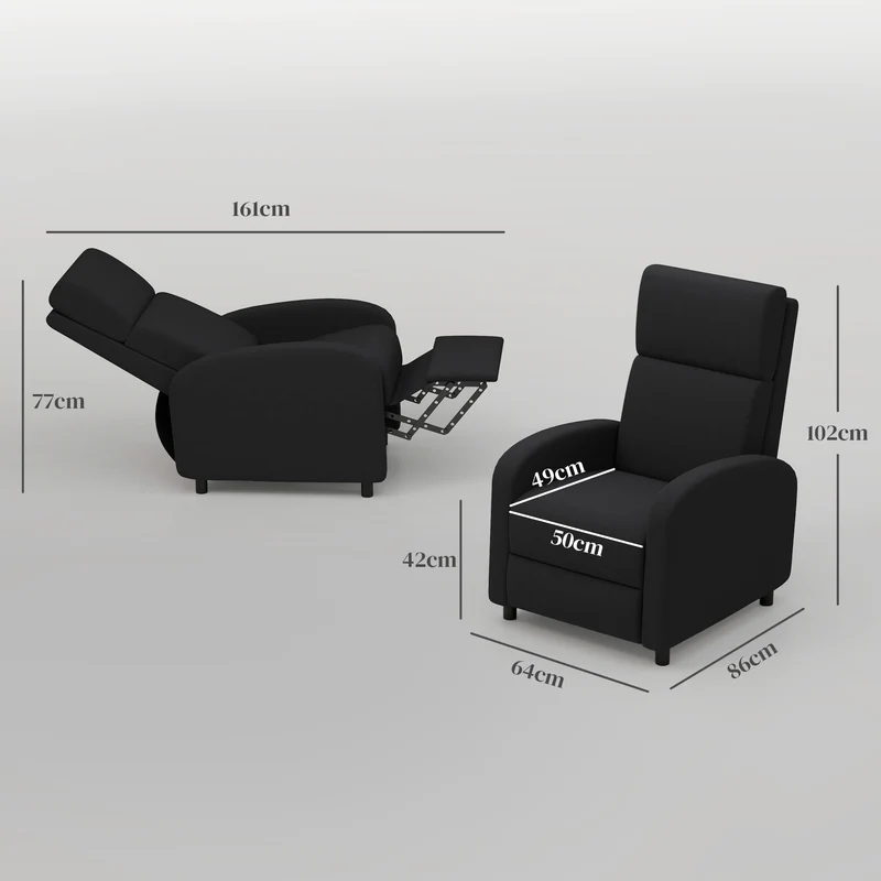 Fauteuil inclinable salon 64 x 86 x 102 cm repose-pieds intégré dossier réglable 160° moderne épuré en polyester noir 21_0003129
