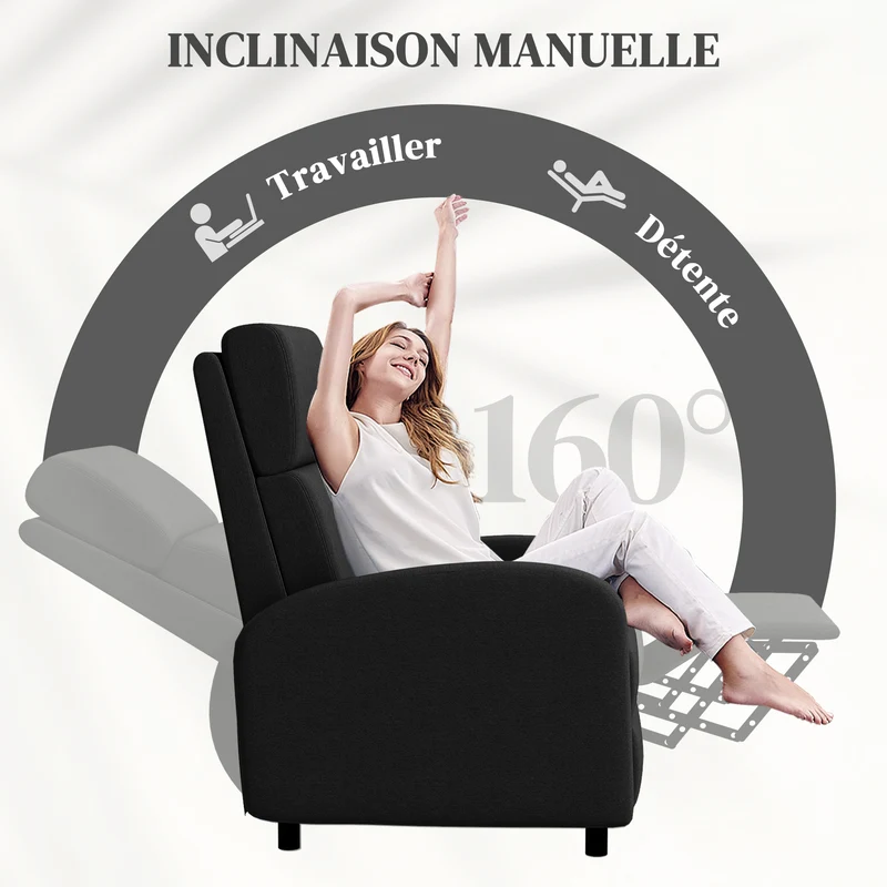 Fauteuil inclinable salon 64 x 86 x 102 cm repose-pieds intégré dossier réglable 160° moderne épuré en polyester noir 21_0003129