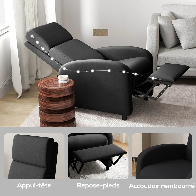 Fauteuil inclinable salon 64 x 86 x 102 cm repose-pieds intégré dossier réglable 160° moderne épuré en polyester noir 21_0003129