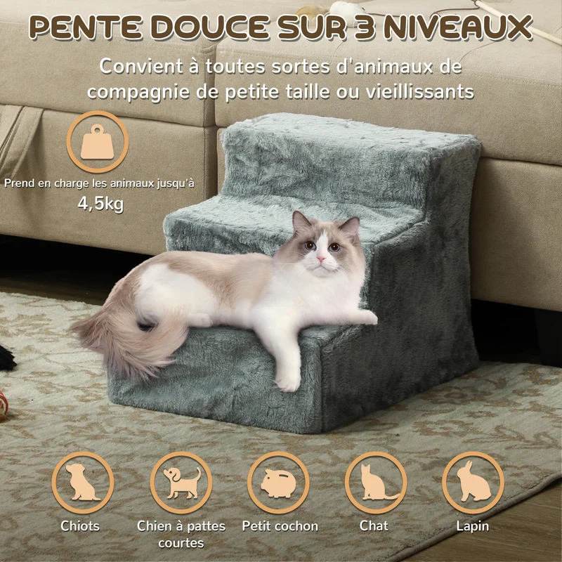 Escalier pour animaux 3 marches canapé lit 46 x 35 x 35 cm antidérapant léger scandinave épuré stable en bois gris clair 21_0007408