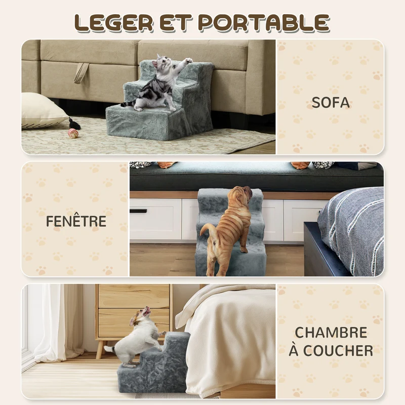 Escalier pour animaux 3 marches canapé lit 46 x 35 x 35 cm antidérapant léger scandinave épuré stable en bois gris clair 21_0007408