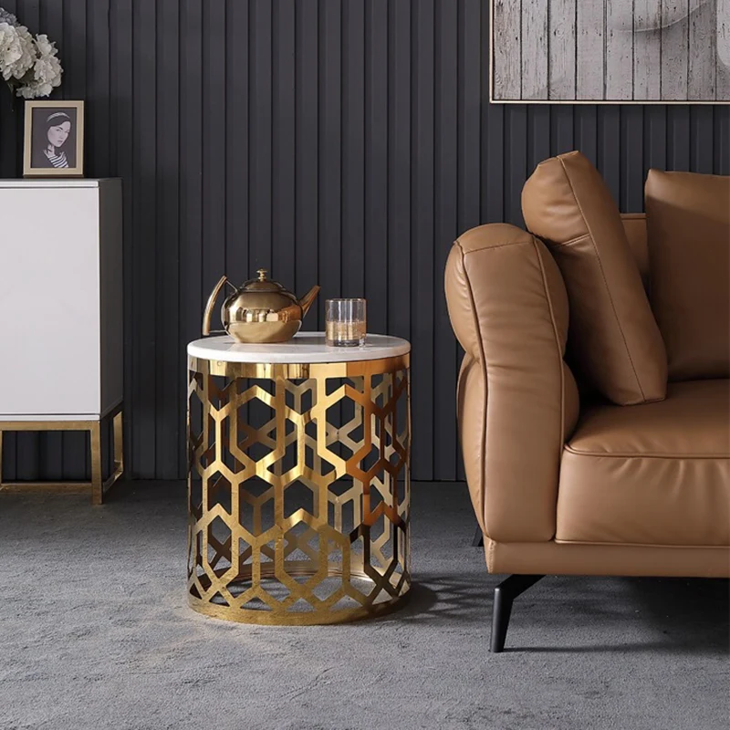 Contemporary Luxury Cylindrical Marble Stainless Steel Side Table 1-Storage For Living Room