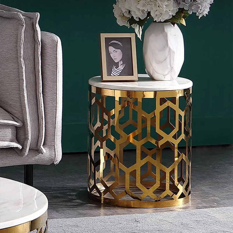 Contemporary Luxury Cylindrical Marble Stainless Steel Side Table 1-Storage For Living Room