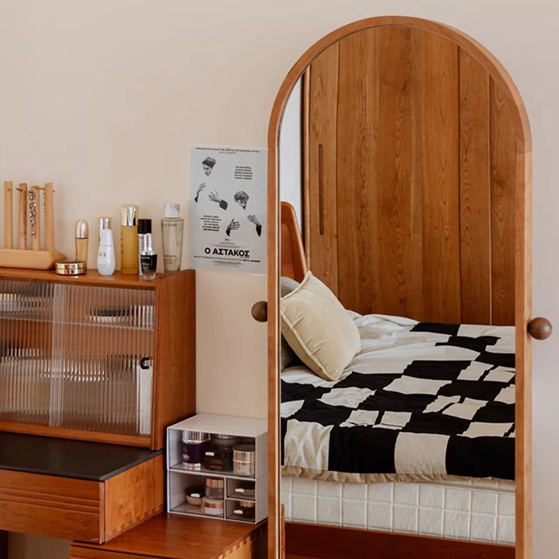 Modern Minimalist Arched Stainless Steel North American Cherry Wood Black Walnut Wood Multi-Layer Plywood Glass Full-Length Mirror 4-Tier For Bedroom