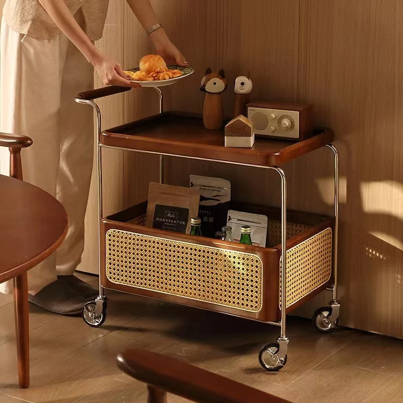 Traditional Japanese Cart-Shaped Stainless Steel Rubberwood PP Rattan Side Table 2-Tier For Living Room
