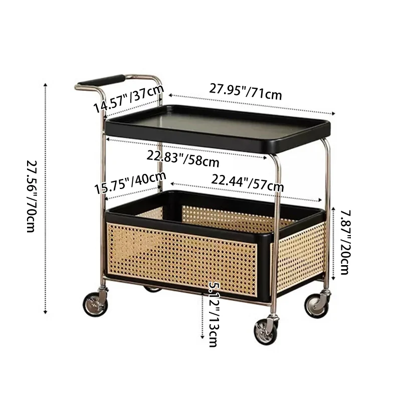 Traditional Japanese Cart-Shaped Stainless Steel Rubberwood PP Rattan Side Table 2-Tier For Living Room