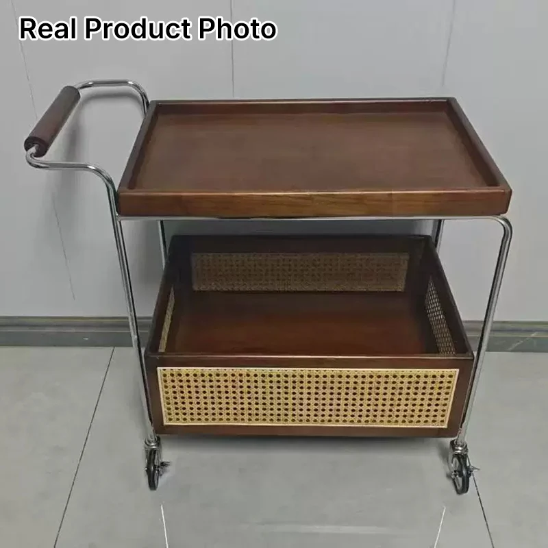 Traditional Japanese Cart-Shaped Stainless Steel Rubberwood PP Rattan Side Table 2-Tier For Living Room