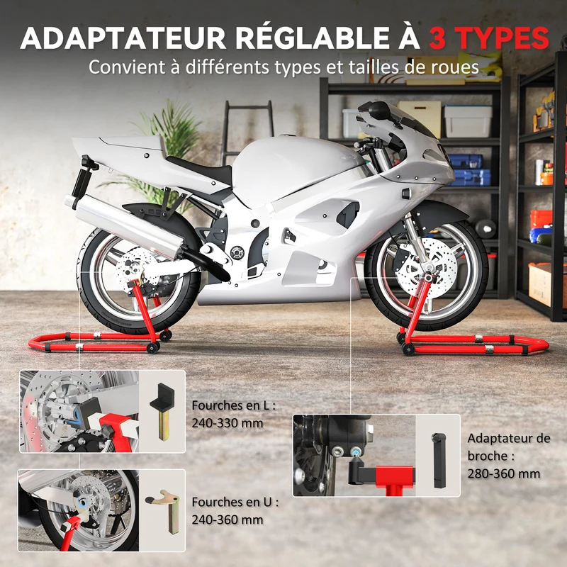 Béquille moto avant et arrière réglable 42 x 36 x 64 cm stabilité charge 390 kg très pratique industriel en acier rouge 21_0007197
