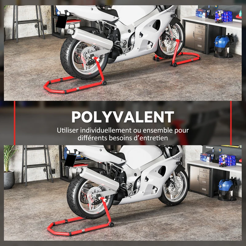 Béquille moto avant et arrière réglable 42 x 36 x 64 cm stabilité charge 390 kg très pratique industriel en acier rouge 21_0007197