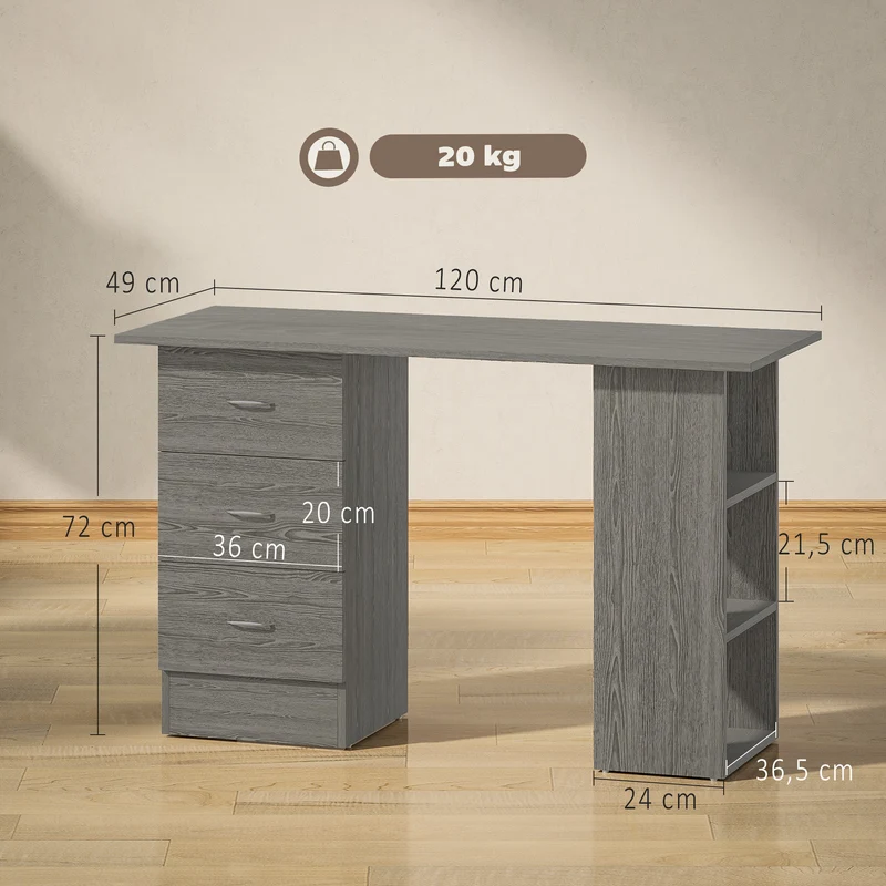Bureau informatique réversible 120 x 49 x 72 cm 3 tiroirs 3 étagères surface gain de place moderne épuré en MDF gris 21_0002396
