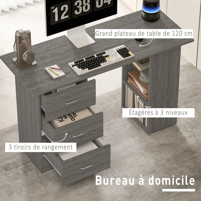 Bureau informatique réversible 120 x 49 x 72 cm 3 tiroirs 3 étagères surface gain de place moderne épuré en MDF gris 21_0002396