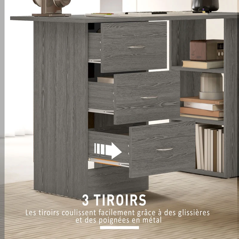 Bureau informatique réversible 120 x 49 x 72 cm 3 tiroirs 3 étagères surface gain de place moderne épuré en MDF gris 21_0002396