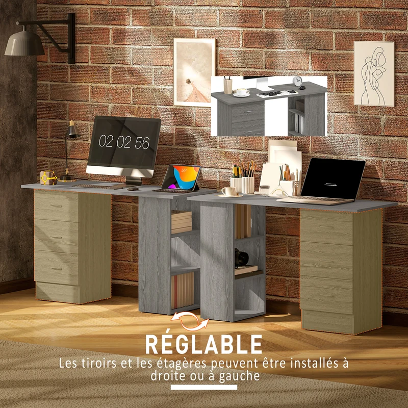 Bureau informatique réversible 120 x 49 x 72 cm 3 tiroirs 3 étagères surface gain de place moderne épuré en MDF gris 21_0002396