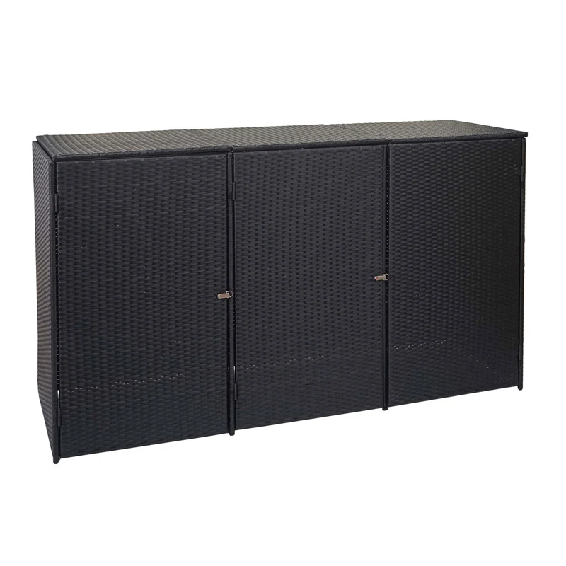 Abri de poubelles extérieur conteneurs à ordures avec couvercle jusqu'à 3 bacs en poly rotin noir 3x120 litres 04_0000952