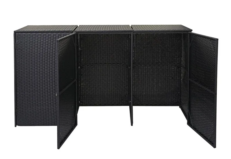 Abri de poubelles extérieur conteneurs à ordures avec couvercle jusqu'à 3 bacs en poly rotin noir 3x120 litres 04_0000952
