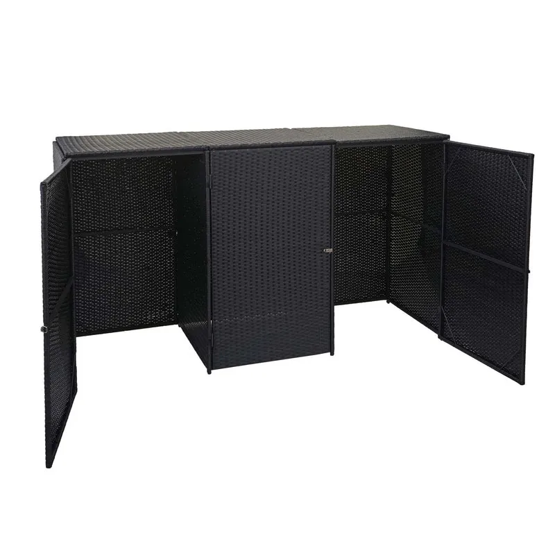 Abri de poubelles extérieur conteneurs à ordures avec couvercle jusqu'à 3 bacs en poly rotin noir 3x120 litres 04_0000952