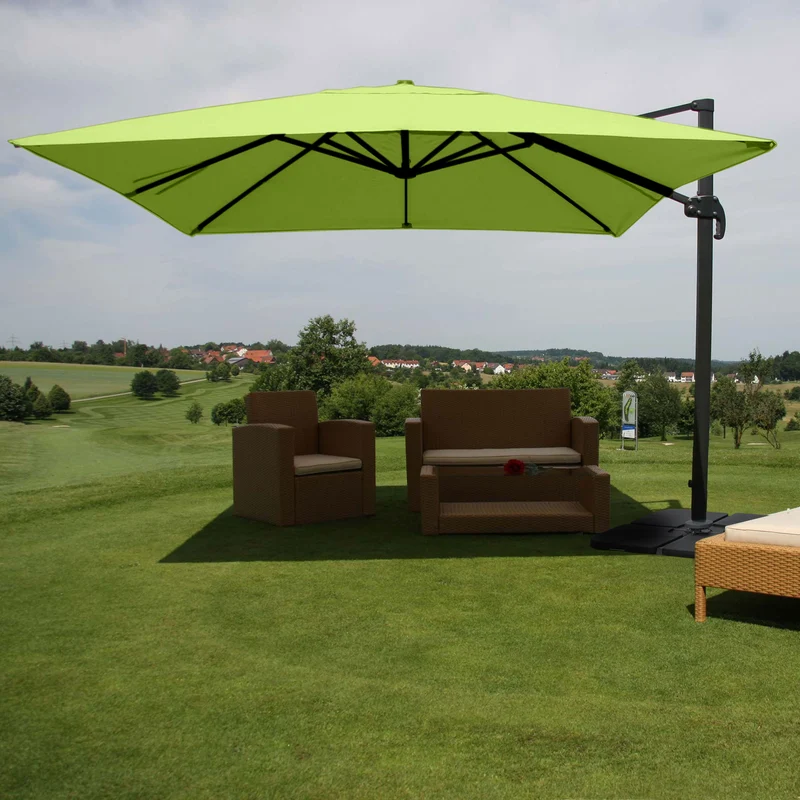 Parasol professionnel restaurant pour jardin terrasse 3x3m (Ø4,24m) polyester aluminium/acier 23kg vert avec pied 04_0003448