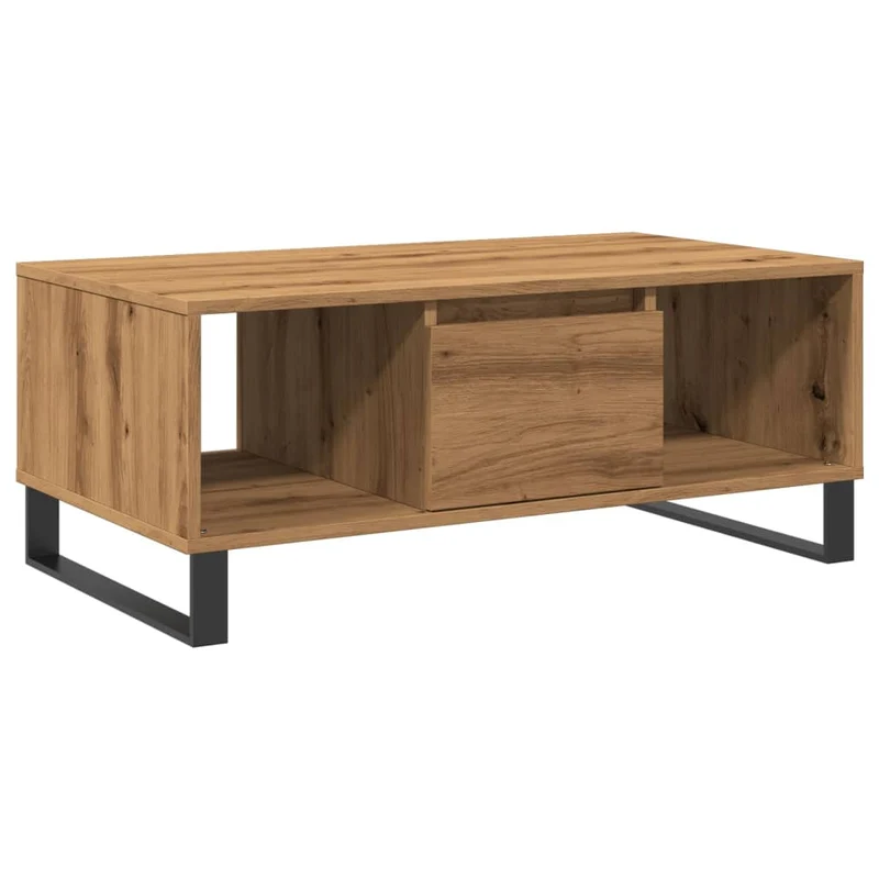 Table basse design moderne et contemporaine avec tiroir et compartiments ouverts 90 x 50 x 36,5 cm bois d'ingénierie couleur chêne et métal DEC038298