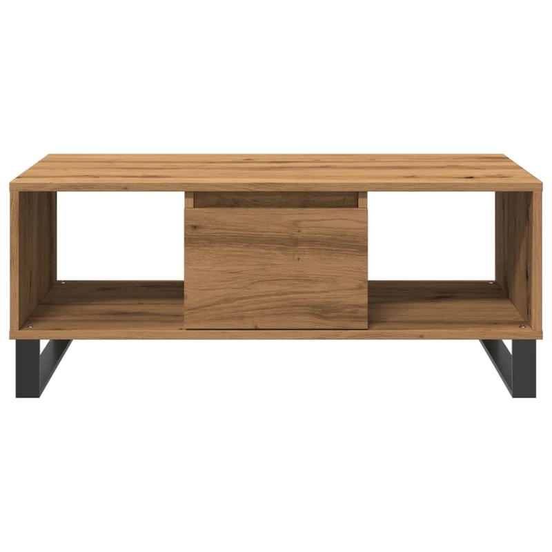 Table basse design moderne et contemporaine avec tiroir et compartiments ouverts 90 x 50 x 36,5 cm bois d'ingénierie couleur chêne et métal DEC038298