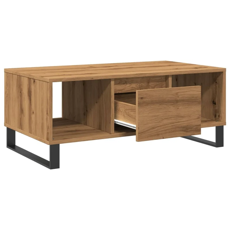 Table basse design moderne et contemporaine avec tiroir et compartiments ouverts 90 x 50 x 36,5 cm bois d'ingénierie couleur chêne et métal DEC038298