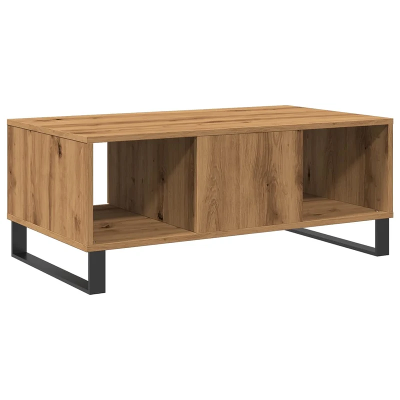 Table basse design moderne et contemporaine avec tiroir et compartiments ouverts 90 x 50 x 36,5 cm bois d'ingénierie couleur chêne et métal DEC038298