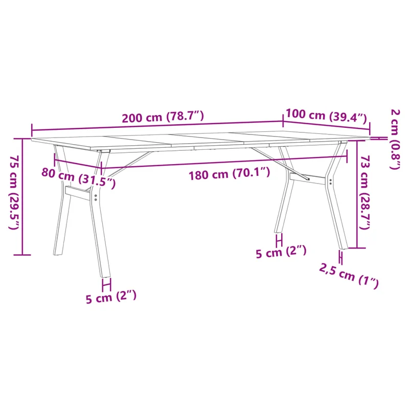 Table de salle à manger design industriel cadre en y 200 x 100 x 75cm bois de pin et acier DEC036831