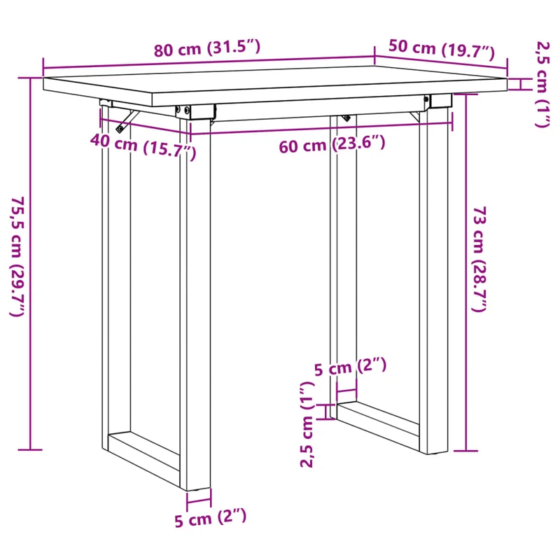 Table de salle à manger design industriel cadre en o 80 x 50 x 75,5cm bois de pin et acier DEC036795