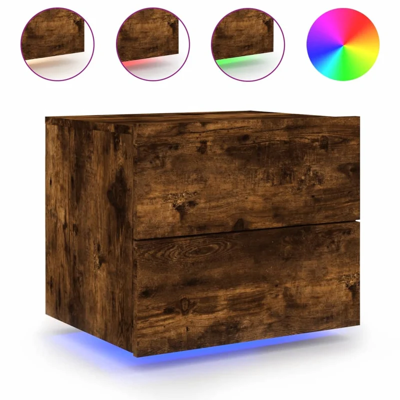 Table de chevet murale flottante avec LED RVB – finition chêne fumé – design contemporain DEC034171