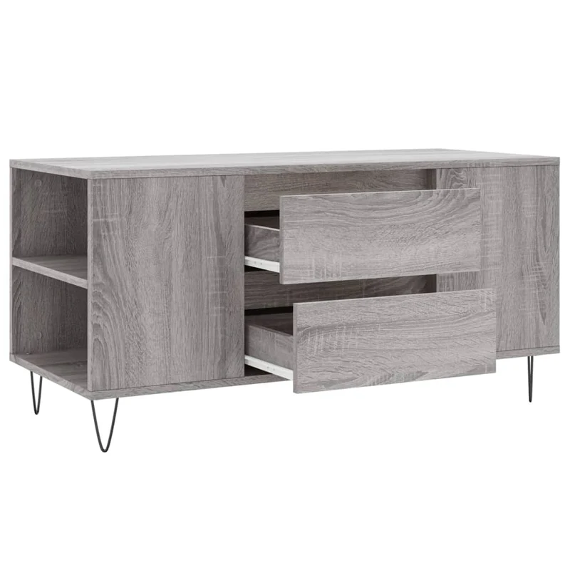 Table basse avec 2 tiroirs et 4 compartiments 102 x 44,5 x 50 cm bois d'ingénierie gris et métal DEC039973