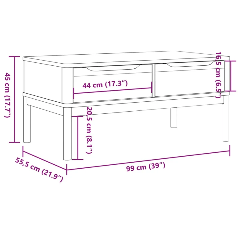 Table basse avec deux tiroirs design moderne et contemporaine 99 x 55,5 x 45 cm bois massif de pin DEC039136