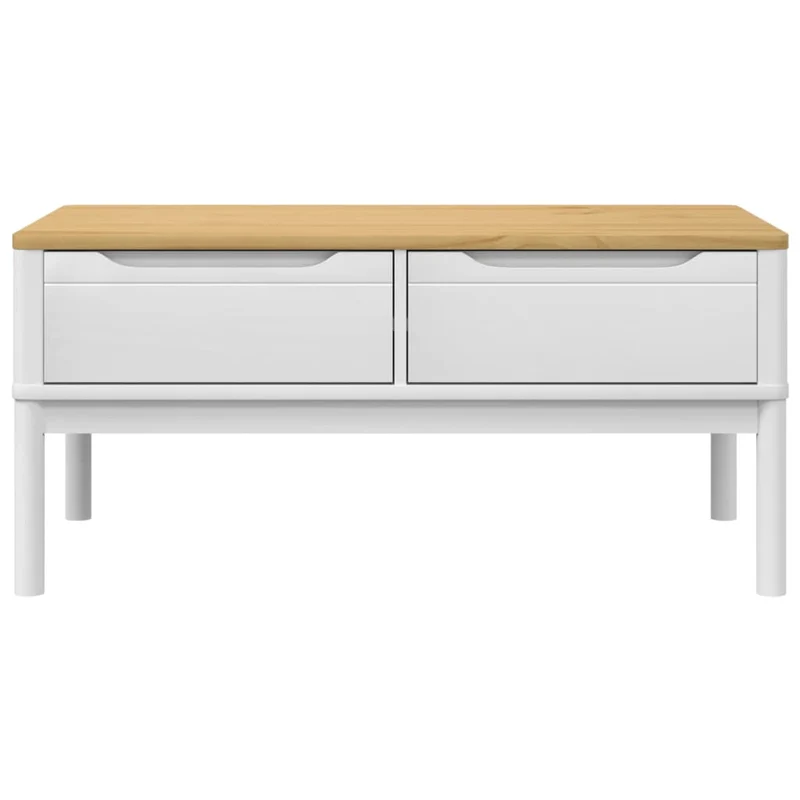 Table basse design moderne et contemporaine avec deux tiroirs 99 x 55,5 x 45 cm bois massif de pin blanc DEC039135