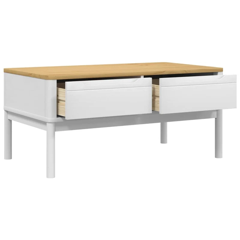Table basse design moderne et contemporaine avec deux tiroirs 99 x 55,5 x 45 cm bois massif de pin blanc DEC039135