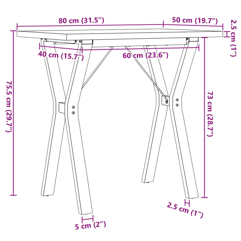 Table de salle à manger design moderne cadre en y 80 x 50 x 75,5cm bois de pin massif et acier DEC036839