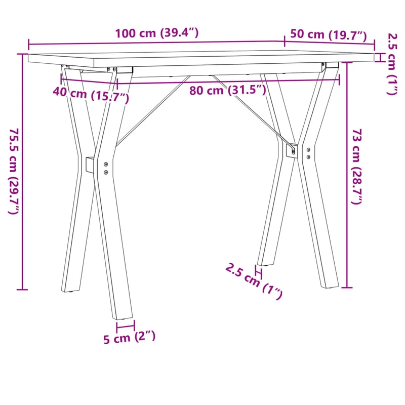 Table de salle à manger design industriel cadre en y 100 x 50 x 75,5 cm bois pin massif acier brun DEC036823