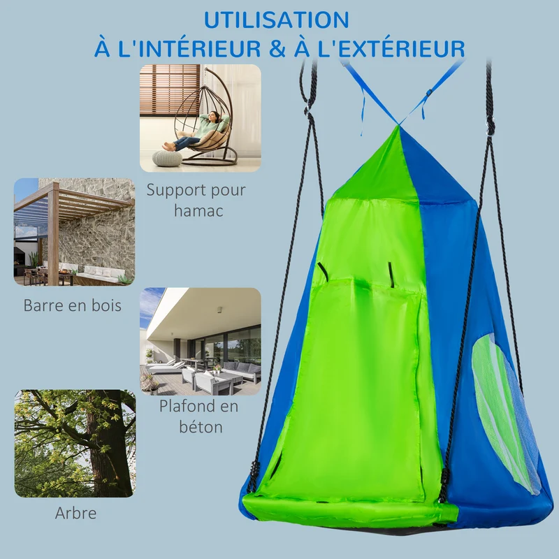 Balançoire nid d'oiseau ronde extérieur 100 x 100 x 180 cm tente amovible capacité 200 kg cosy contemporain en métal vert 21_0000364