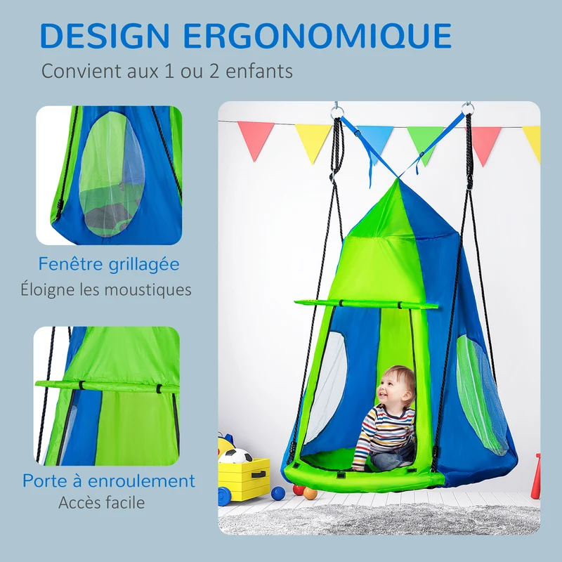 Balançoire nid d'oiseau ronde extérieur 100 x 100 x 180 cm tente amovible capacité 200 kg cosy contemporain en métal vert 21_0000364