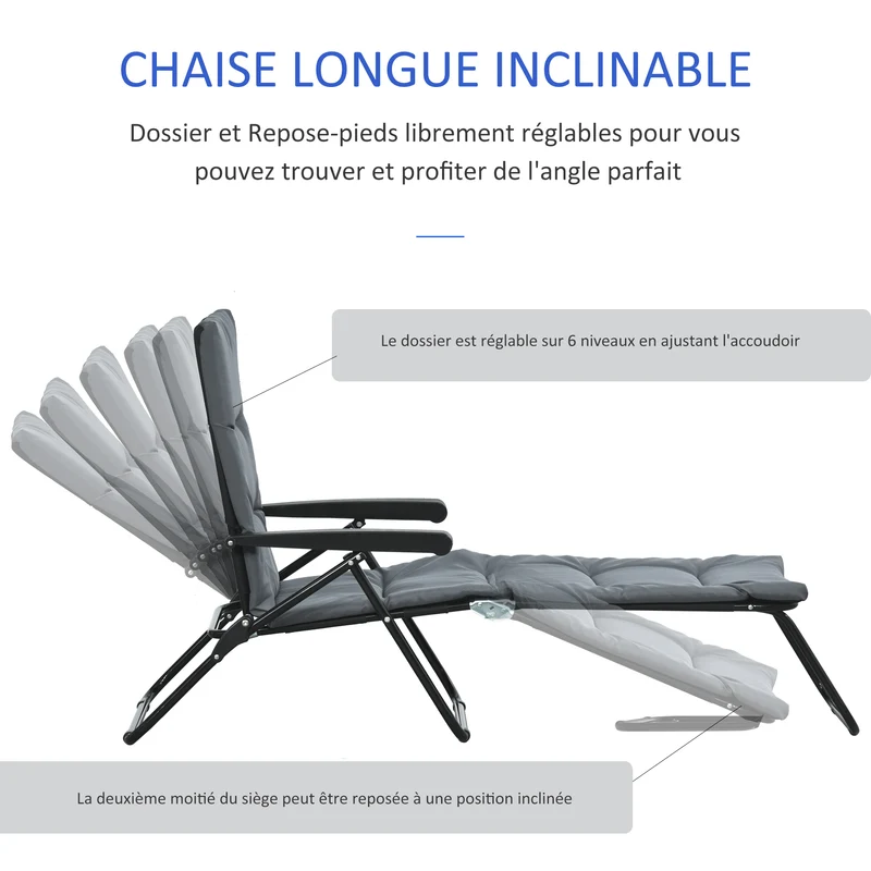 Bain de soleil pliable 153 x 58,5 x 89 cm dossier 6 positions matelas inclus confort contemporain jardin en acier gris 21_0004667