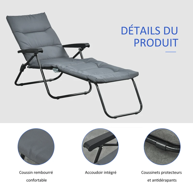 Bain de soleil pliable 153 x 58,5 x 89 cm dossier 6 positions matelas inclus confort contemporain jardin en acier gris 21_0004667