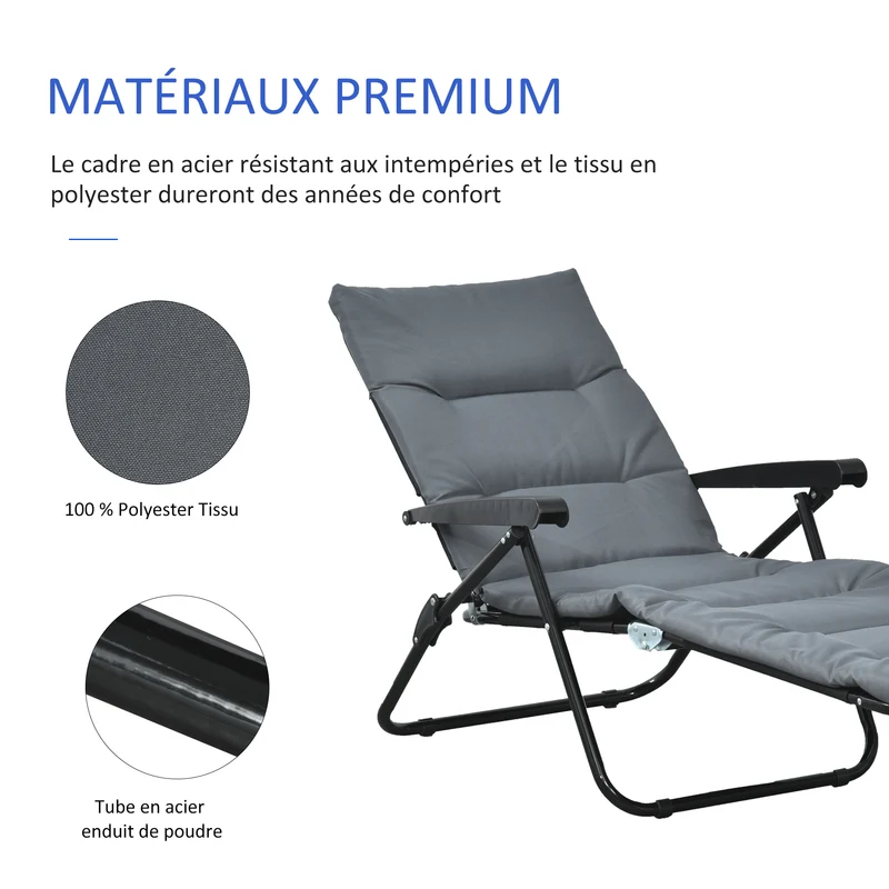 Bain de soleil pliable 153 x 58,5 x 89 cm dossier 6 positions matelas inclus confort contemporain jardin en acier gris 21_0004667