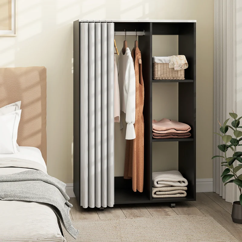 Armoire penderie sur roulettes 80 x 40 x 128 cm avec rideau et tringle stable contemporain en panneau de particules noir 21_0001650