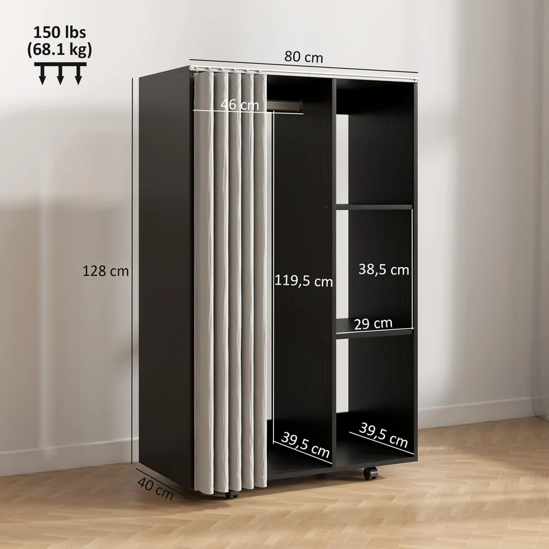 Armoire penderie sur roulettes 80 x 40 x 128 cm avec rideau et tringle stable contemporain en panneau de particules noir 21_0001650